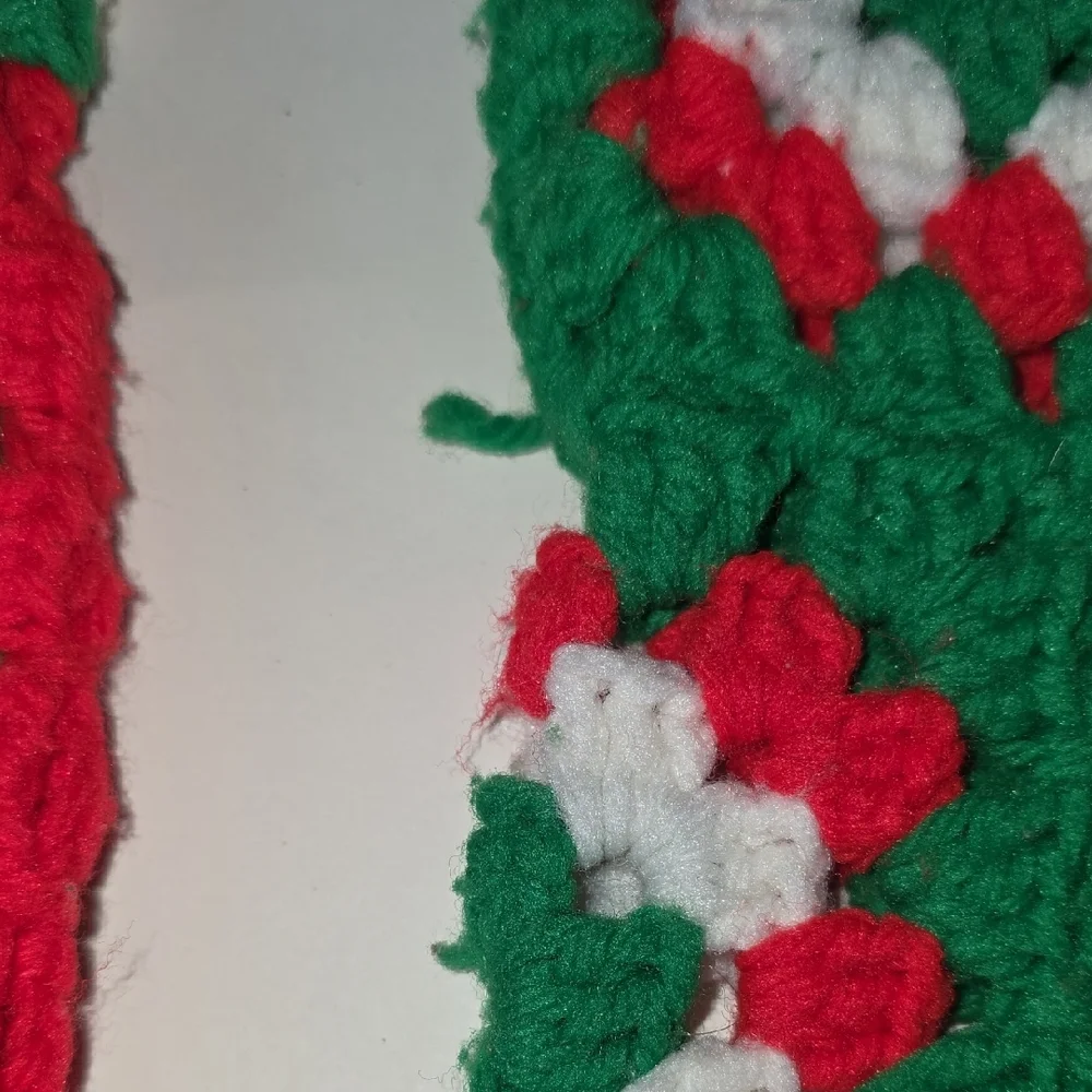 Handmade Vintage Crochet Granny Square Christmas Stockings Red Green Pair Retro